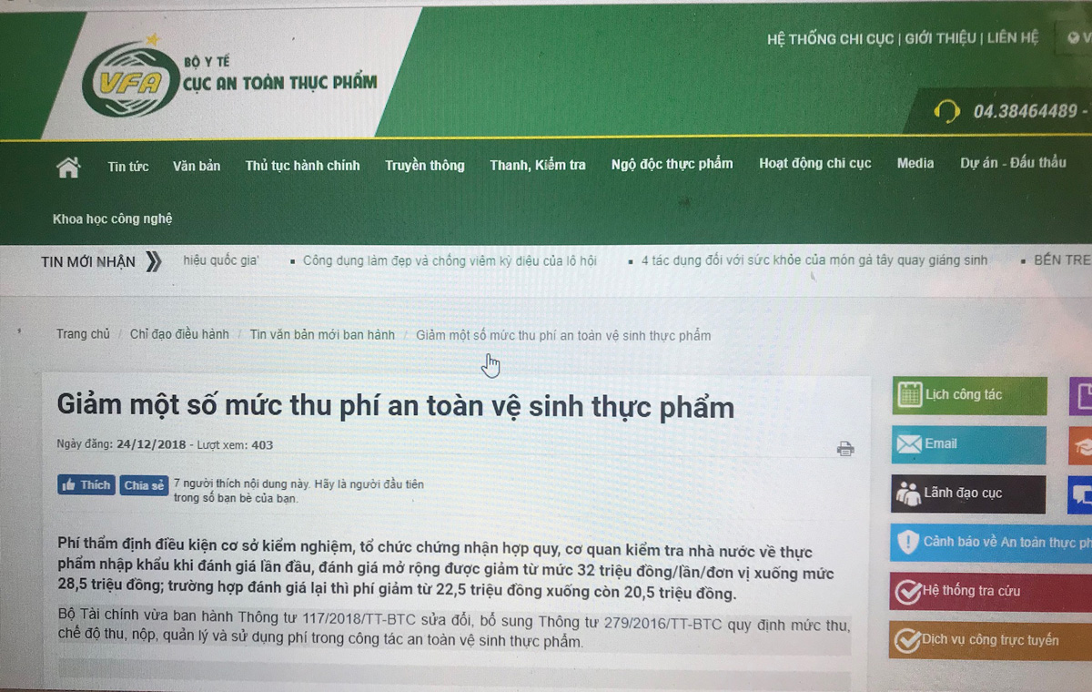 Một số phí trong lĩnh vực ATTP điều chỉnh giảm