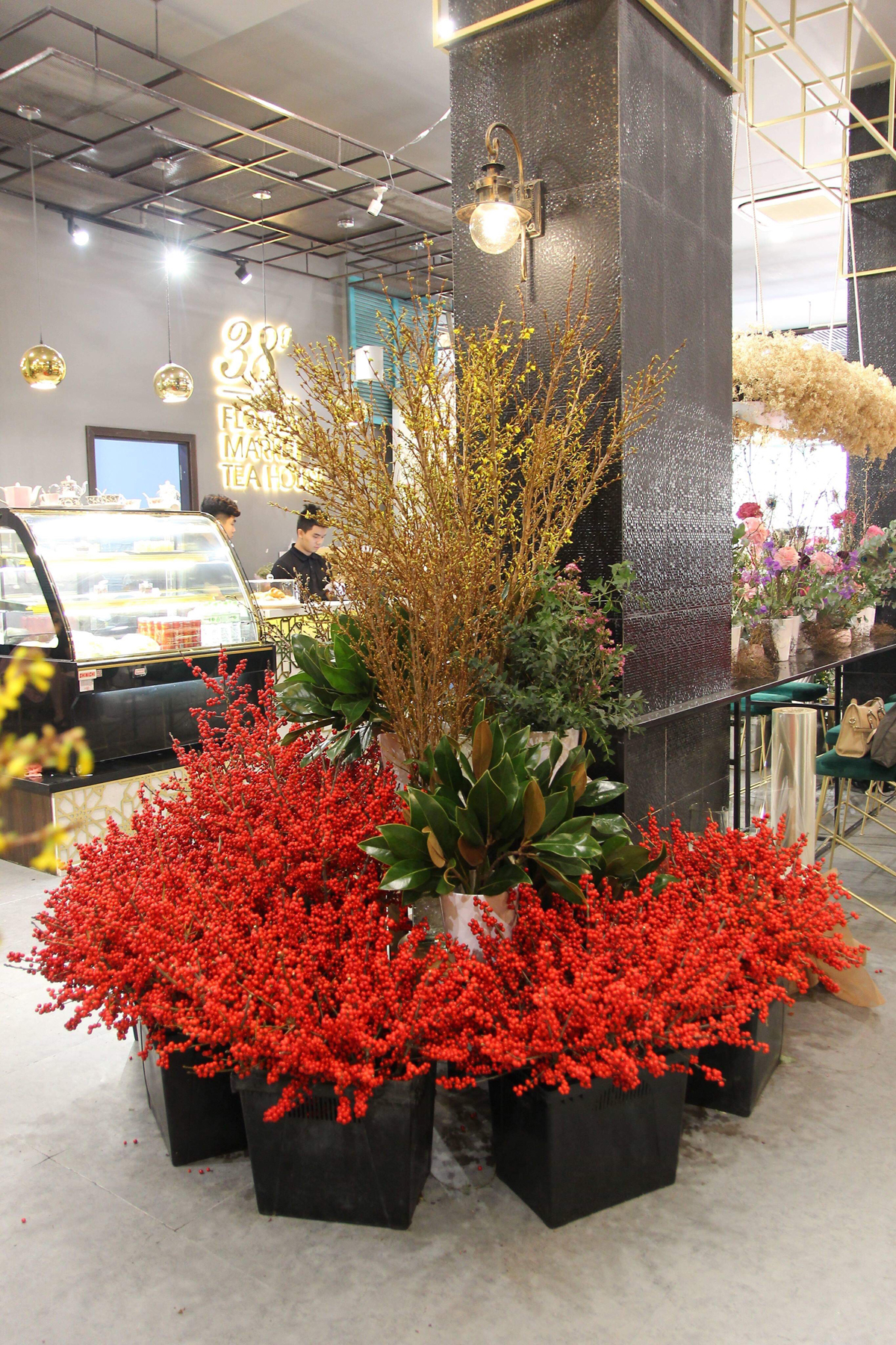 Nhiều người trầm trồ th&iacute;ch th&uacute; với c&aacute;c chậu đ&agrave;o đ&ocirc;ng đỏ được b&aacute;n tại cửa h&agrave;ng Hoa 38 độ