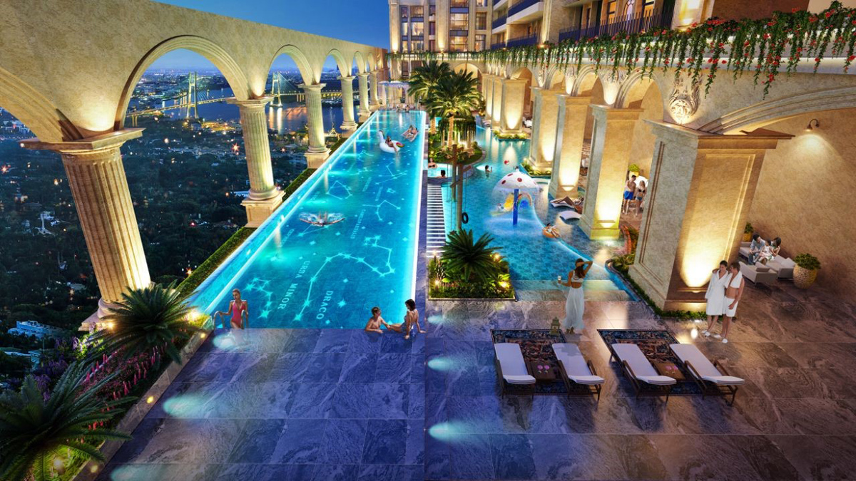 Toàn bộ tầng 6 tòa thành Rome được thiết kế thành “resort tại gia” với hồ bơi nước mặn vô cực tràn bờ rộng 1.100 m2 và tổ hợp 16 tiện ích đẳng cấp khác