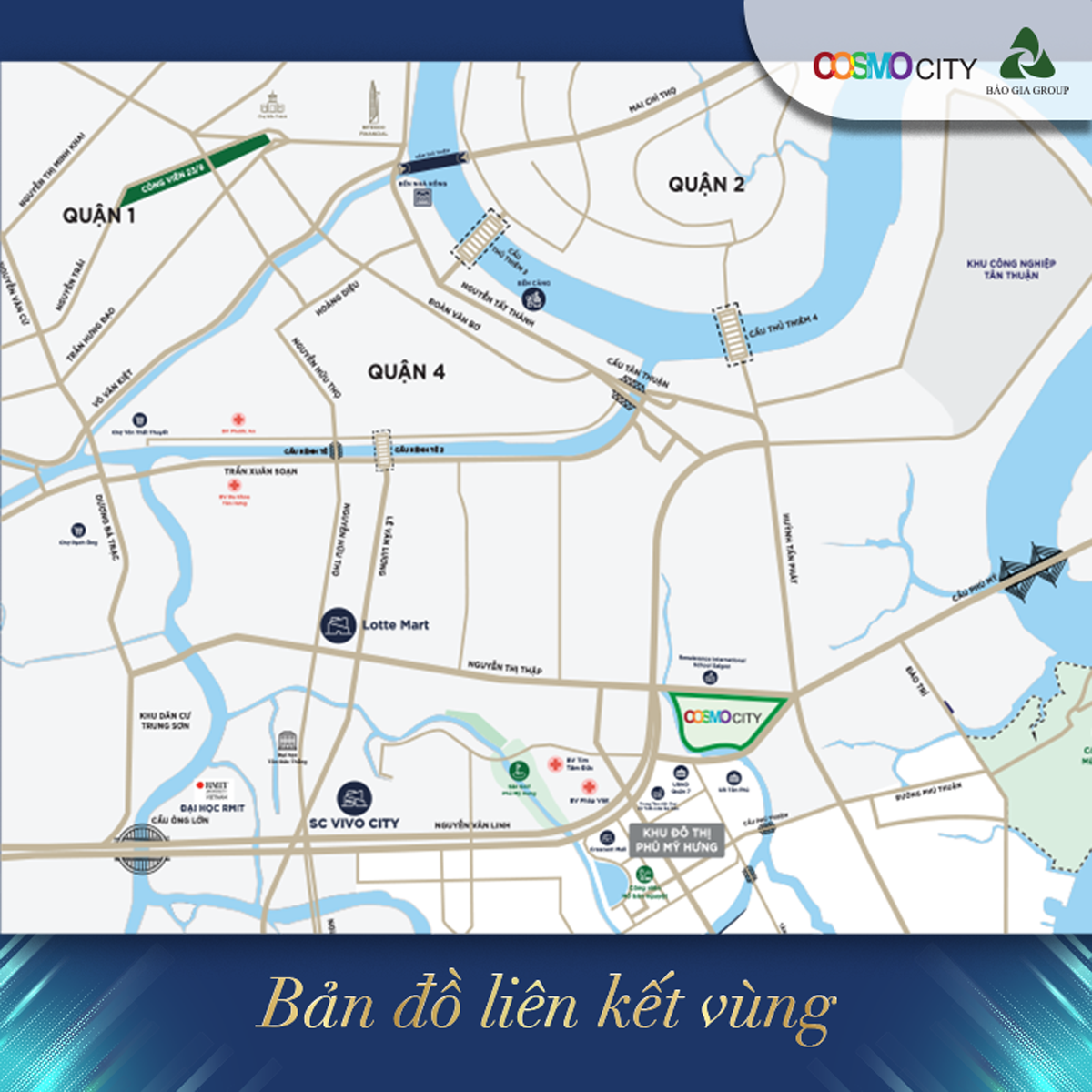 Bản đồ hình liên kết vùng cho thấy vị trí đắc địa của Cosmo City ngay trung tâm quận 7