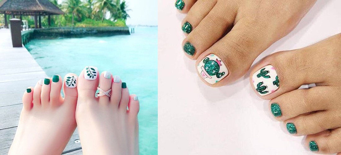 Kiểu nail lá cây màu xanh đơn giản, nhẹ nhàng và kiểu nail chân hình xương rồng xinh xắn 