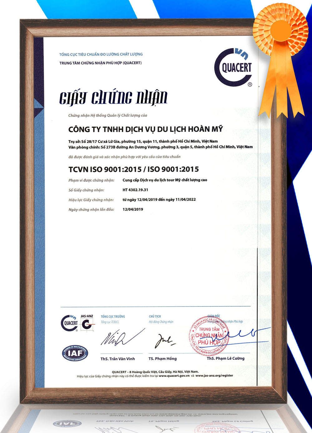 Chứng chỉ ISO 9001:2015 cho Tour Mỹ chất lượng cao