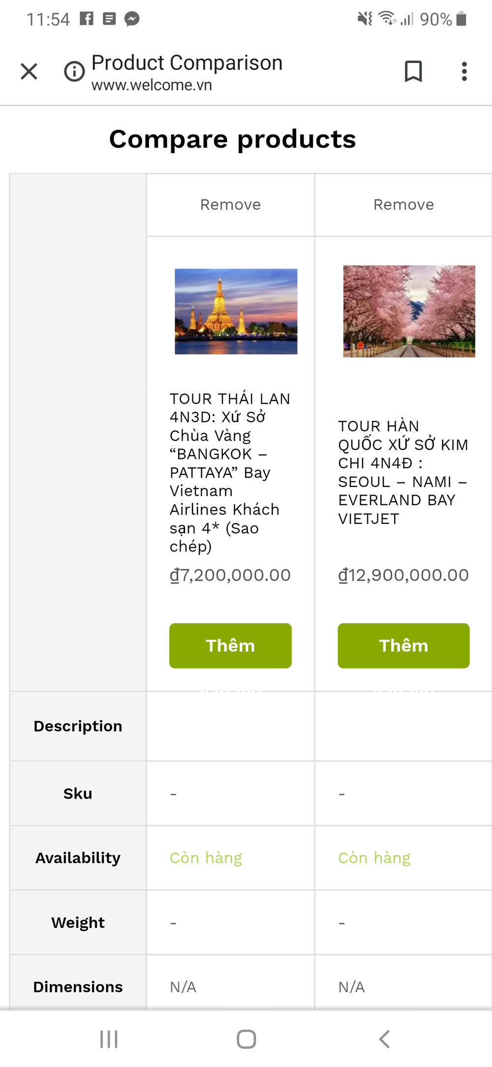 Trang so sánh các sản phẩm tour du lịch