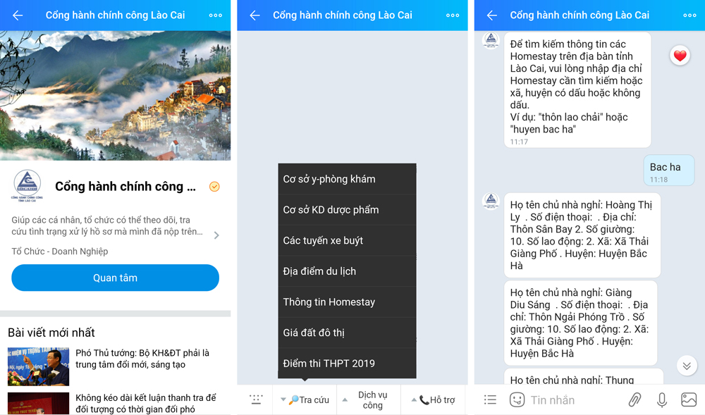 Tra cứu thông tin homestay tại huyện Bắc Hà với thao tác đơn giản tại “Cổng hành chính công Lào Cai” trên Zalo. Ảnh chụp màn hình