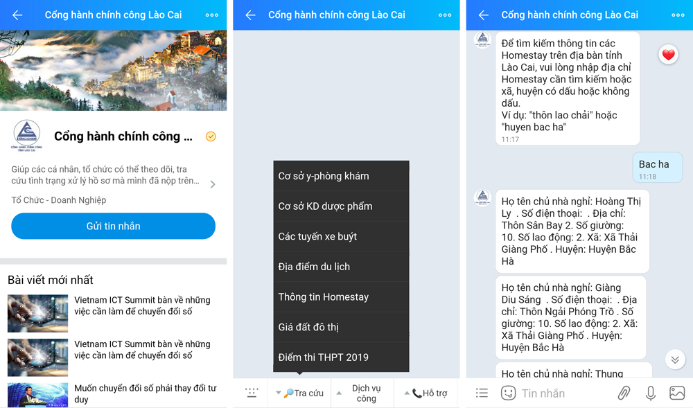 Tra cứu thông tin homestay ở huyện Bắc Hà với thao tác đơn giản tại “Cổng hành chính công Lào Cai” trên Zalo. Ảnh chụp màn hình