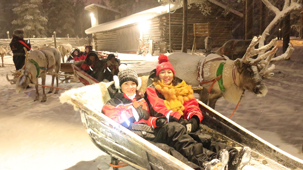 Khách hàng của Du lịch Hoàn Mỹ cưỡi xe kéo bằng tuần lộc tại Rovaniemi – Quê hương ông già Noel