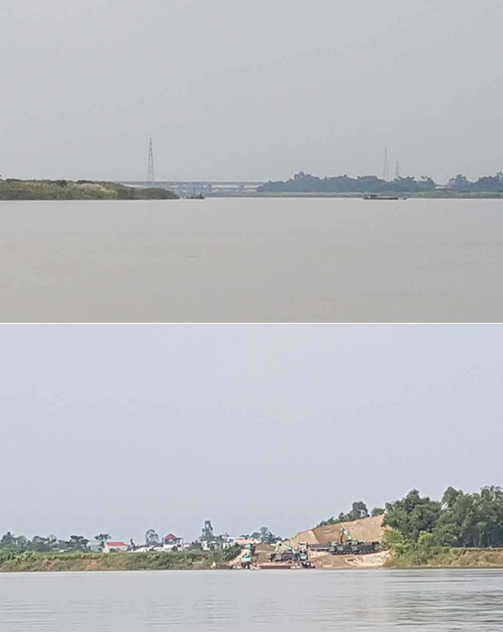 Các tàu khai thác cát (hình trên) và tập kết cát (hình dưới) trên sông Thu Bồn