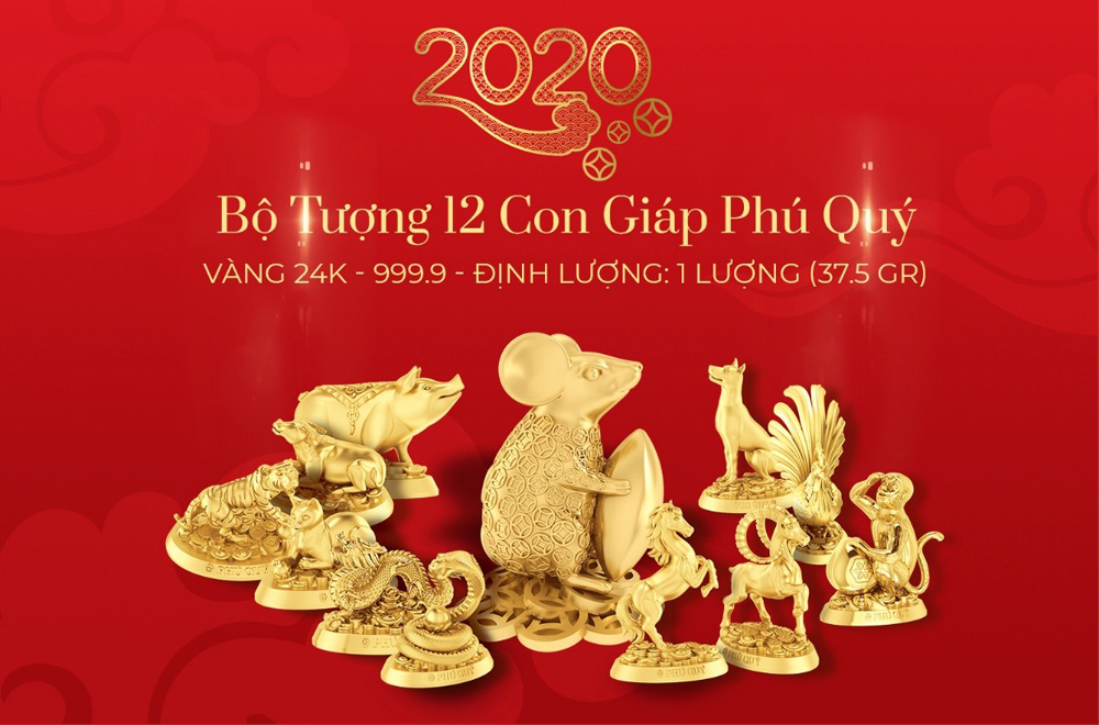 Bộ tượng 12 con giáp vàng 24k (999.9) Phú Quý vô cùng tinh xảo.
