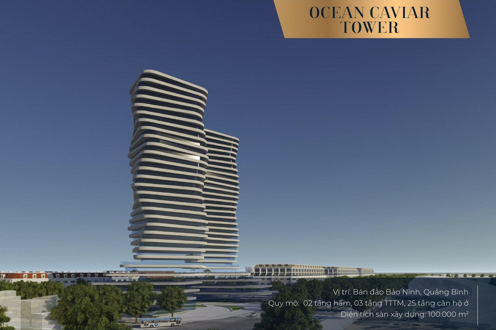Ocean Caviar Tower (bán đảo Bảo Ninh, Quảng Bình) quy mô 2 tầng hầm, 28 tầng nổi trung tâm thương mại, căn hô, diện tích sàn 100.000 m2