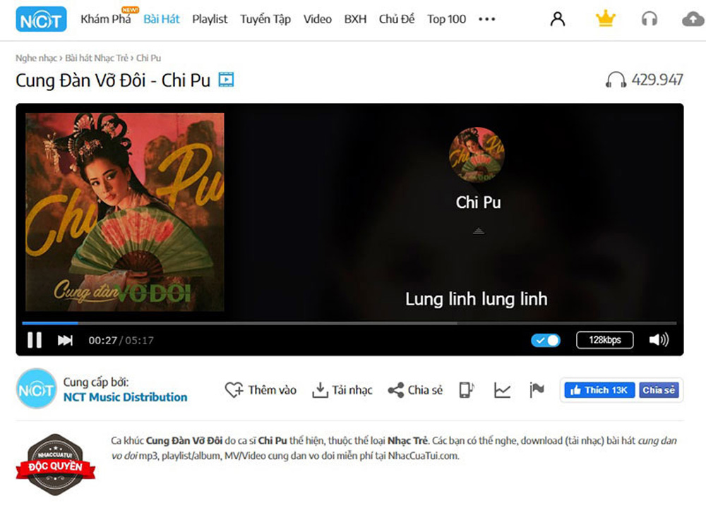 “Cung đàn vỡ đôi” giúp Chi Pu đạt vị trí Top 3 ca khúc được nghe nhiều nhất trên NhacCuaTui hiện nay