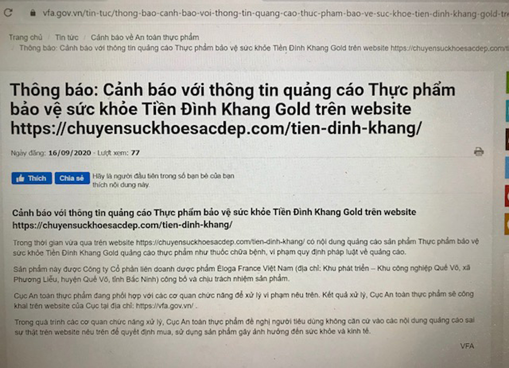 Cục An toàn thực phẩm thông tin về sản phẩm Tiền Đình Khang Gold vi phạm về quảng cáo 