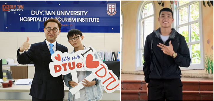 Nguyễn Văn Tuấn (ảnh trái) chụp ảnh cùng GS-TS Lim Sang Taek, Viện trưởng Viện Đào tạo và Nghiên cứu du lịch (HTi), DTU và Hoàng Tấn Toàn (ảnh phải) là hai thí sinh có điểm số cao nhất vào ĐH Duy Tân hiện nay 27,25/30 điểm thi THPT