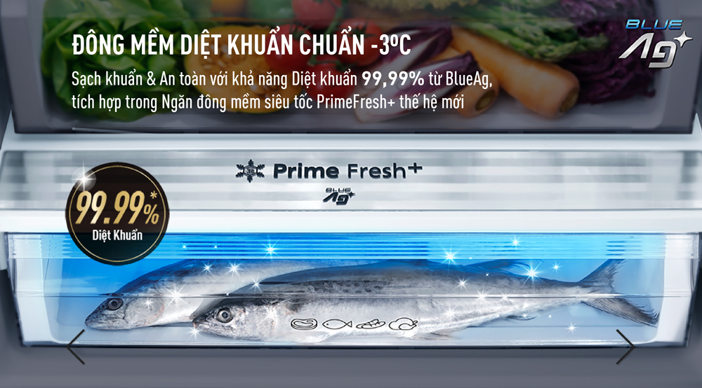 Ở những phiên bản cao cấp, ngăn đông mềm PrimeFresh+ của Panasonic còn được trang bị BlueAg+, giúp diệt đến 99,99% vi khuẩn