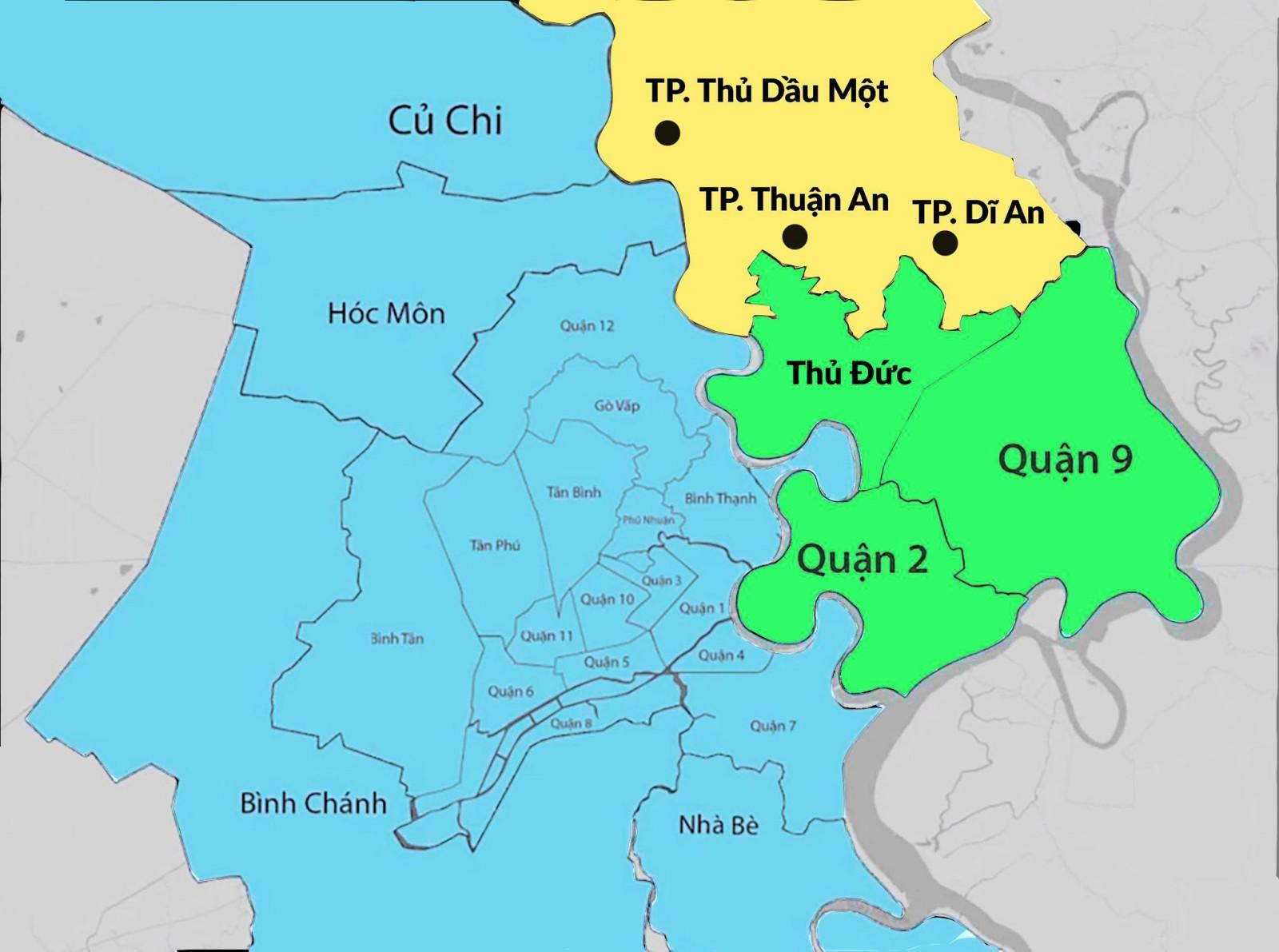 Thuận An và Dĩ An có nhiều lợi thế để trở thành đô thị vệ tinh của “thành phố Thủ Đức” Ảnh: DNU đồ họa 