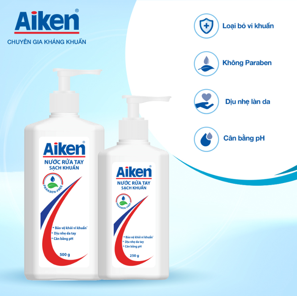 Nước rửa tay Aiken với khả năng diệt khuẩn lên đến 99,9%, đồng thời không chứa paraben và có độ pH cân bằng là một trong những sự lựa chọn tuyệt vời để bạn tham khảo trên thị trường hiện nay. (Giá sản phẩm: 35.000 VNĐ/250g và 56.000 VNĐ/500g)