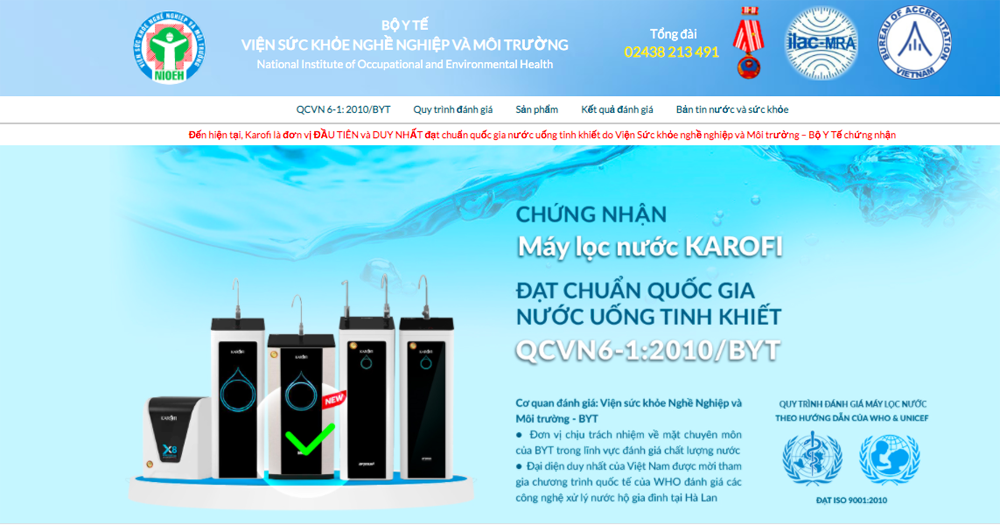 100% các lô máy lọc nước Karofi được kiểm nghiệm, dán tem và công bố trên website của Viện Sức khỏe nghề nghiệp và Môi trường - Bộ Y tế 