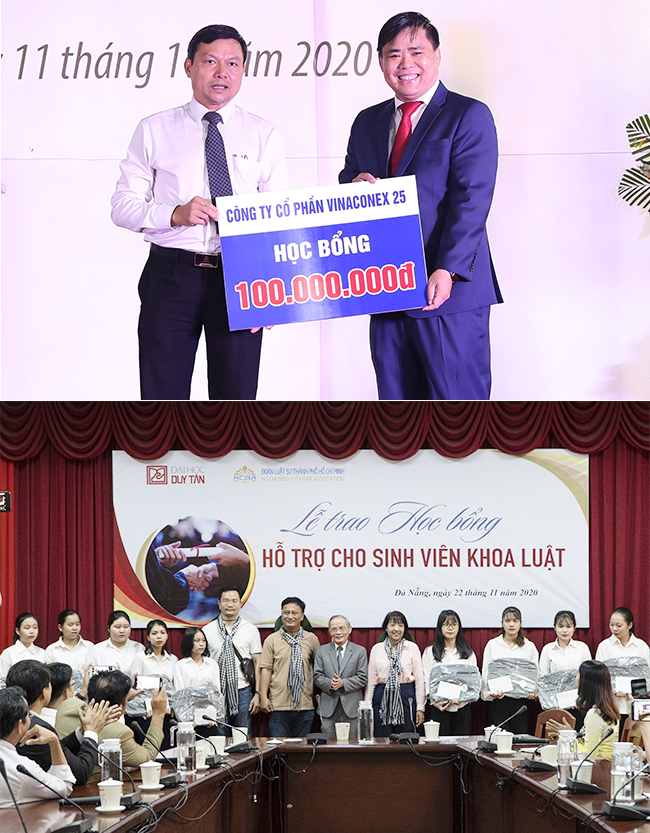 Công ty Cổ phần Vinaconex 25 (ảnh trên) và đại diện Đoàn Luật sư Tp.HCM trao học bổng cho sinh viên Duy Tân