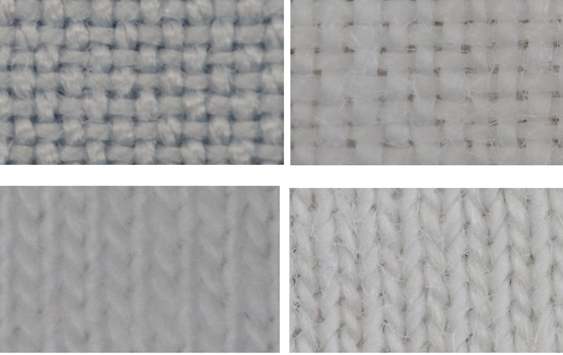 Hình chụp macro của 2 chất liệu đũi (hình trên) và cotton (hình dưới) trước khi được giặt (hình trái) và sau 30 lần giặt (hình phải) bởi máy giặt LG AI DD. Thực tế, không có nhiều dấu hiệu sợi vải bị xô lệch