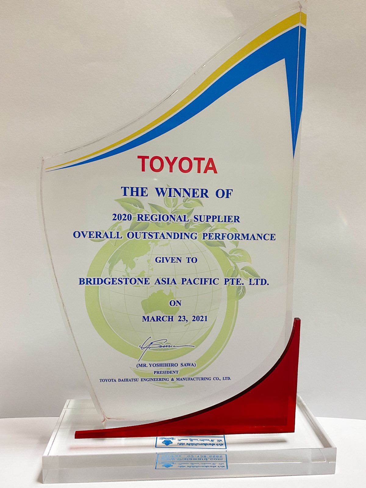 Kỷ niệm chương do Toyota trao tặng cho Bridgestone Châu Á - Thái Bình Dương 