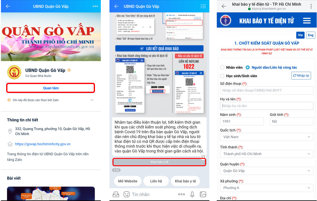 Người dân có thể chủ động khai báo y tế tại nhà qua trang Zalo “UBND Quận Gò Vấp”