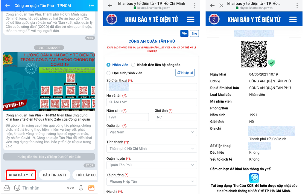 Người dân có thể chủ động khai báo y tế tại nhà qua trang Zalo “Công an quận Tân Phú – TP.HCM”