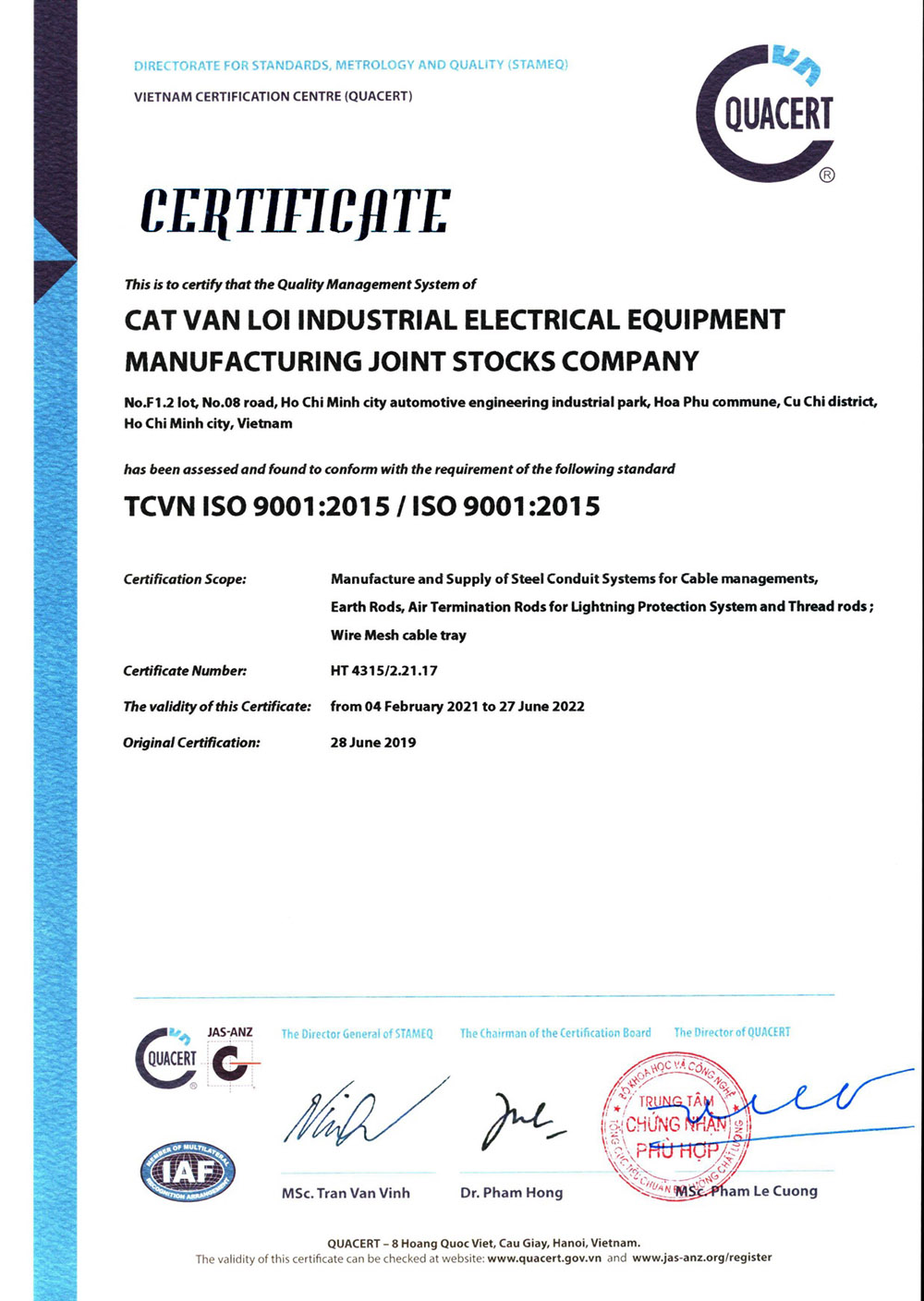 Nhà máy Cát Vạn Lợi đạt chứng nhận hệ thống quản lý chất lượng ISO 9001:2015