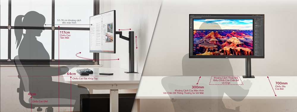 LG trang bị chân Ergo cho một số dòng màn hình giúp người dùng dễ dàng điều chỉnh vị trí màn hình tùy ý