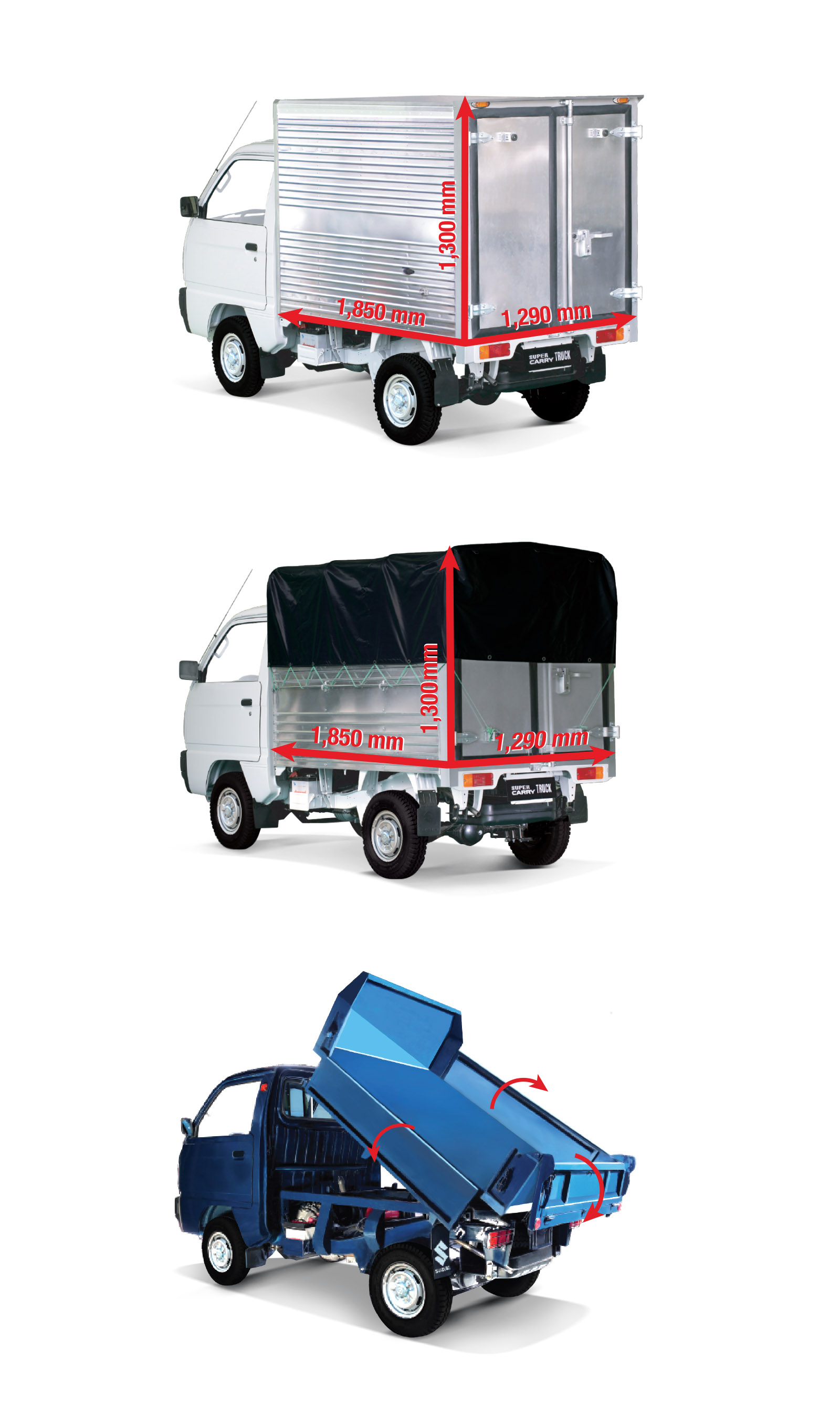 Khách hàng Suzuki Carry Truck có nhiều lựa chọn thùng xe: thùng kín, mui bạt, thùng ben (theo thứ tự từ trên xuống)