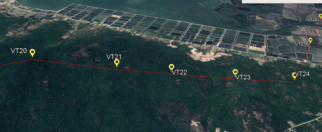 Ảnh chụp vệ tinh vị trí cột 20-24 của đường dây trên địa bàn tỉnh Khánh Hòa dự kiến được thi công trong thời gian tới
