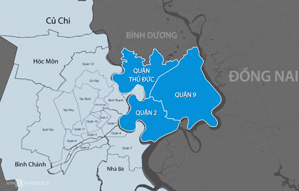 TP.Thủ Đức (phần màu xanh dương) gồm các quận: 2, 9 và Thủ Đức. Ảnh đồ họa:Thanh Huyền.