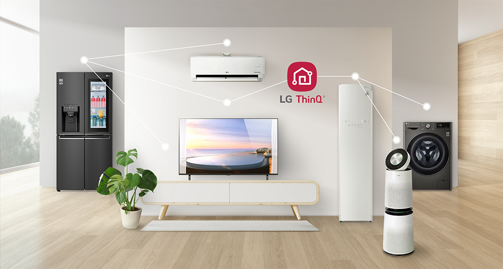 LG ThinQ Home với không gian bếp, phòng khách sinh hoạt chung, khu vực giặt giũ được quản lý bởi ứng dụng ThinQ™, các thao tác sử dụng theo đó được giản lược, dễ dàng và thuận tiện hơn