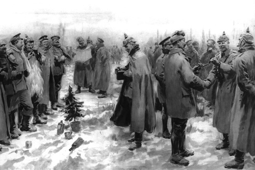 Bức tranh về thỏa thuận ngừng bắn ngày Giáng sinh 1914 được họa sĩ Arthur Michael vẽ năm 1915 - Ảnh: Bridgeman Images