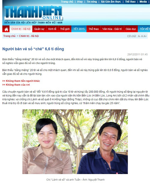 Bài báo Người bán vé số “chê” 6,6 tỉ đồng trên Thanh Niên ngày 29.12.2011