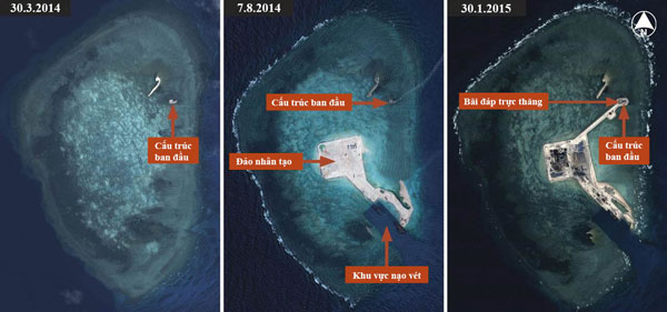 Những hình ảnh chụp từ vệ tinh cho thấy quá trình Trung Quốc xây dựng phi pháp ở bãi đá Gaven - Ảnh: IHS Jane's Defence Weekly 