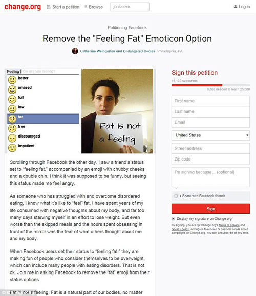 Thư phản đối biểu tượng “béo” trên internet - Ảnh: Chụp từ Change.org