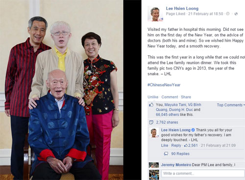 Tiết lộ lần đầu về tình trạng sức khỏe của cha mình trên Facebook của thủ tướng Lý Hiển Long. -Ảnh chụp trang Facebook Lee Hsien Loong