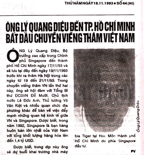  Bản tin trên báo Thanh Niên ngày 18.11.1993 về chuyến thăm thứ hai của ông Lý Quang Diệu đến Việt Nam. Lần đó, ông Lý đến TP.HCM trước khi ra Hà Nội, ngược lại với chuyến thăm đầu tiên vào tháng 4.1992