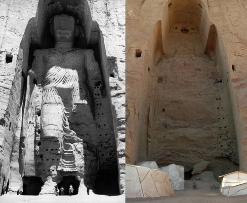 Tượng Phật cổ tại Bamiyan trước và sau khi bị Taliban phá hủy - Ảnh: T.L