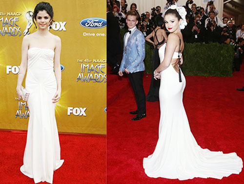 Selena Gomez tại lễ trao giải 2010 NAACP Image (trái) và tại Met Gala  2015 ( phải) - Ảnh Reuters