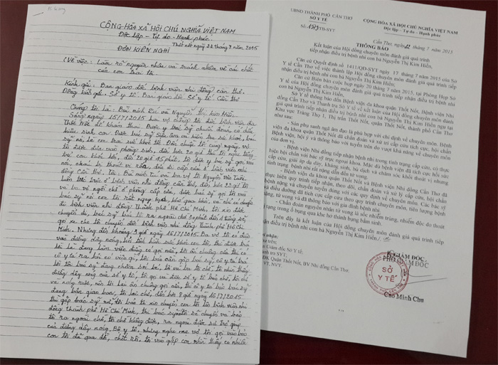 Lá đơn của vợ chồng anh Bùi Minh Tú và Nguyễn Kim Hiền bên cạnh kết luận của Hội đồng chuyên môn Sở Y tế Cần Thơ