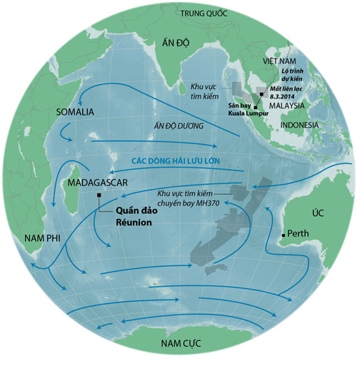 Lược đồ khu vực tìm kiếm MH370 và nơi phát hiện mảnh vỡ - Nguồn: Chính phủ Úc/NOAA