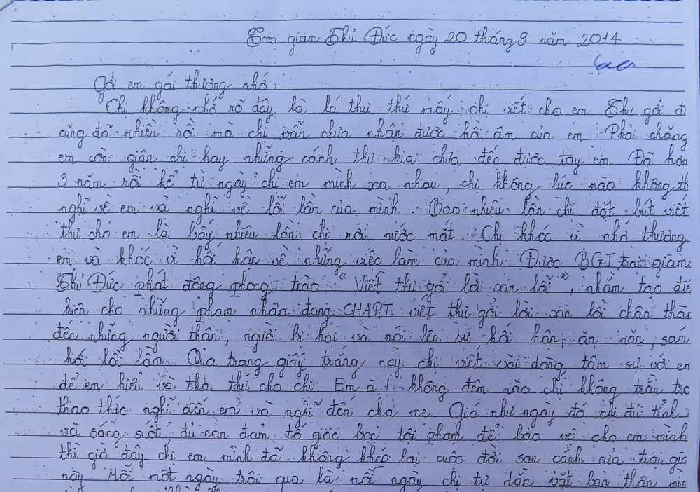 Bức thư của phạm nhân Trần Hà Duy gửi cho em gái mình