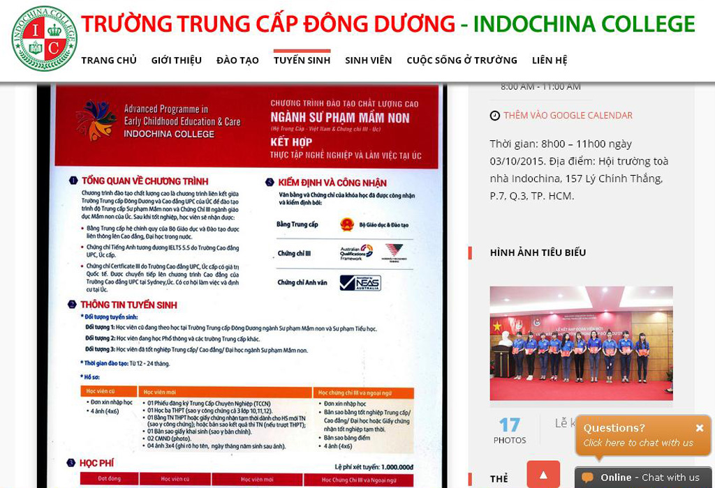 Trang web Trường trung cấp Đông Dương cũng đăng tải những thông tin về chương trình chất lượng cao ngành sư phạm mầm non liên kết Trường CĐ UPC (Úc)