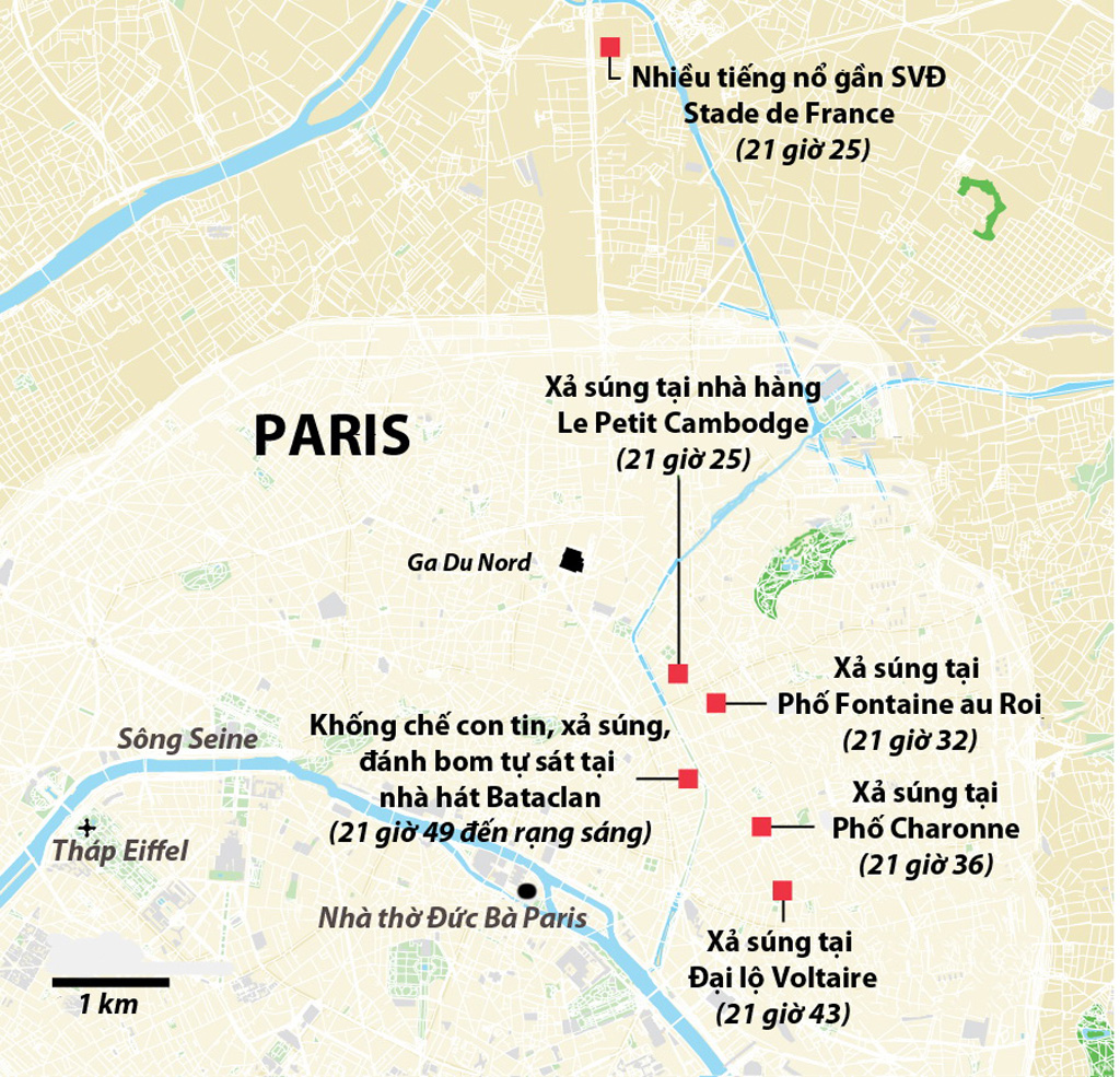 Lược đồ vị trí các vụ tấn công theo giờ Paris - Đồ họa: S.D