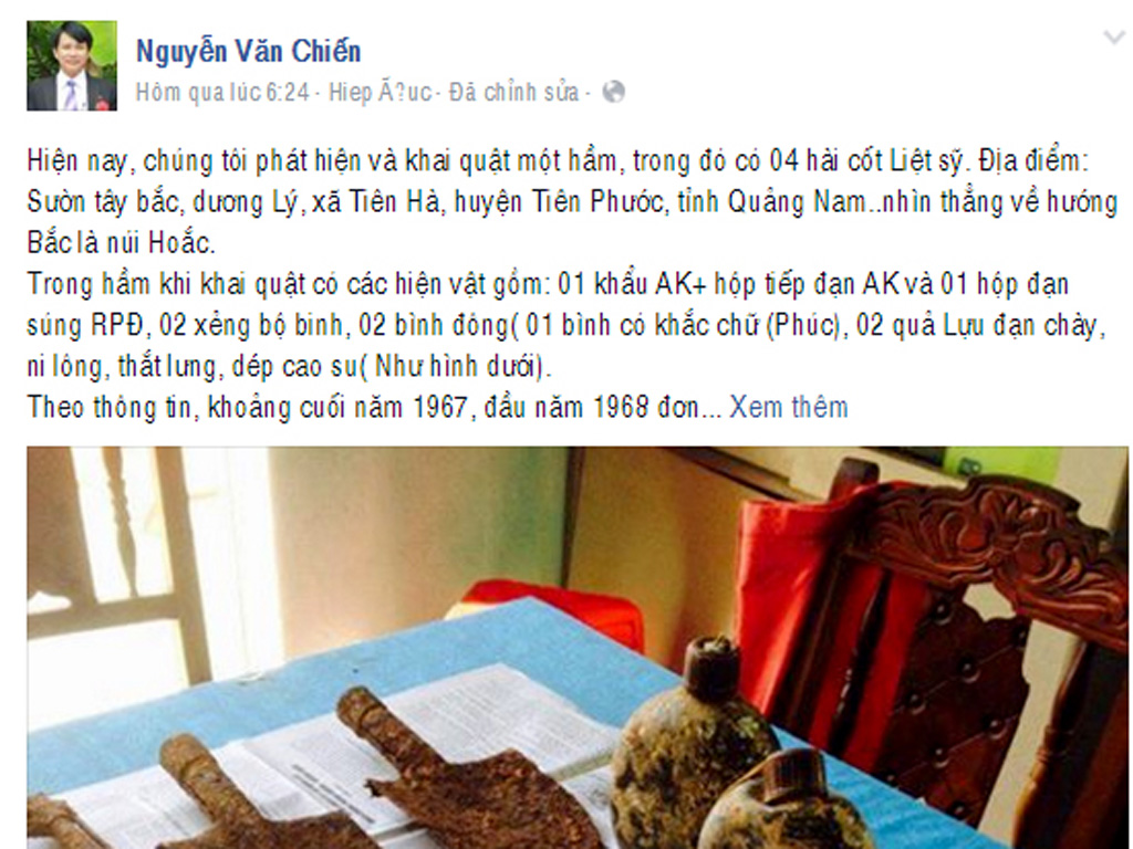 Thông tin truy tìm thân nhân được đưa lên Facebook từ tài khoản “Nguyễn Văn Chiến”, một người bạn của trung tá Cơ