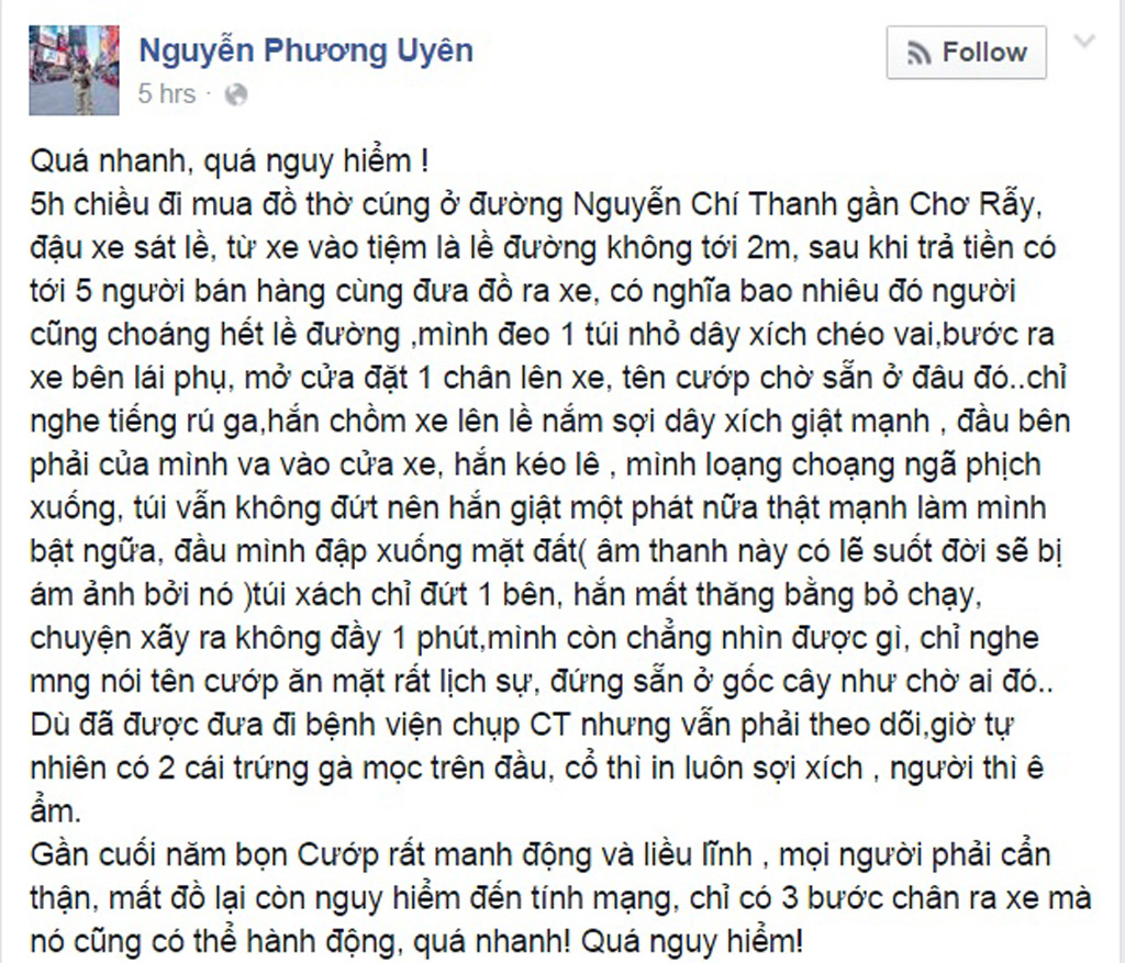 Nhạc sĩ Phương Uyên bất ngờ đăng tải bị cướp trên trang cá nhân - Ảnh: Chụp màn hình