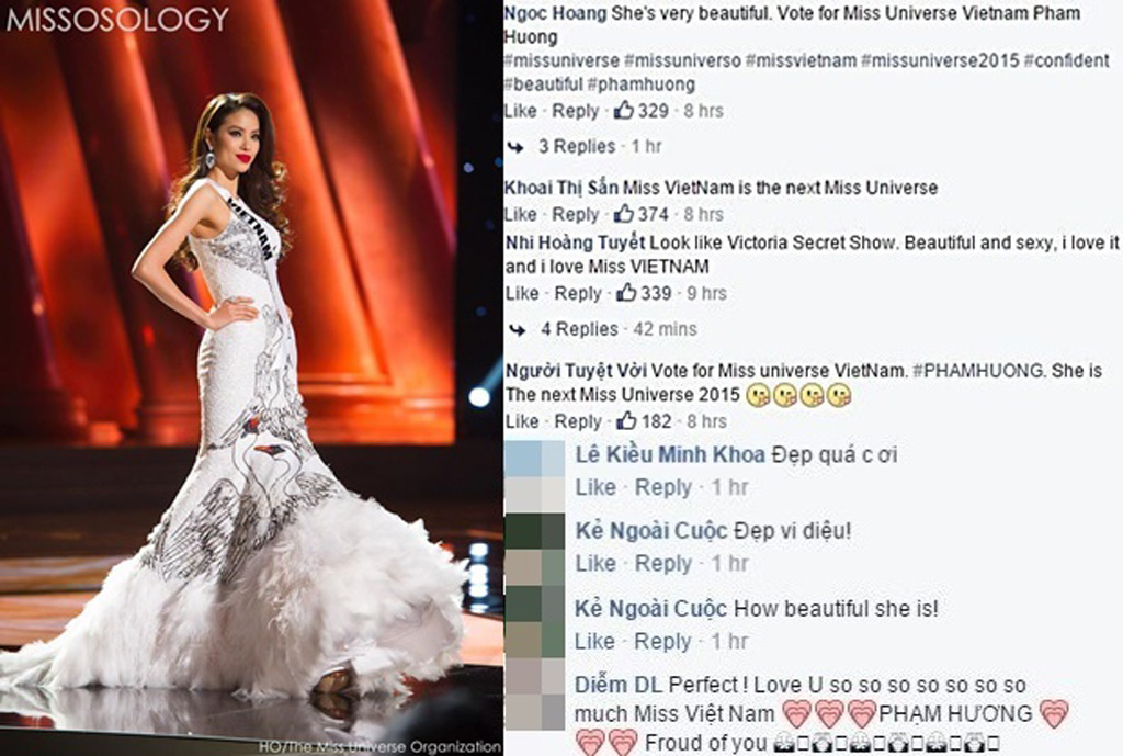 Cư dân mạng ủng hộ Phạm Hương bằng những lời có cánh, kêu gọi bình chọn cũng như tin tưởng đại diện nhan sắc Việt Nam nhất định đạt thành tích cao ở Miss Universe 2015 - Ảnh: Facebook Missosology