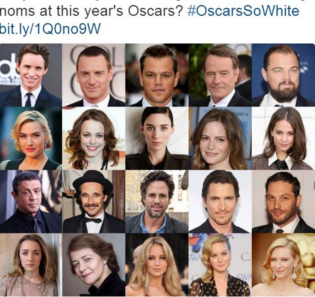 Hashtag #OscarsSoWhite của năm 2015 trở lại thành xu hướng sau tranh cãi vì danh sách đề cử giải thưởng điện ảnh Viện Hàn lâm vắng bóng sao da màu - Ảnh: Twitter