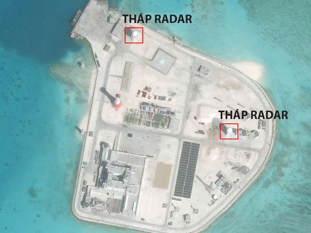 Hình ảnh được cho là tháp radar và một số cơ sở phi pháp khác của Trung Quốc ở đá Gạc Ma - Ảnh: CSIS/AMTI