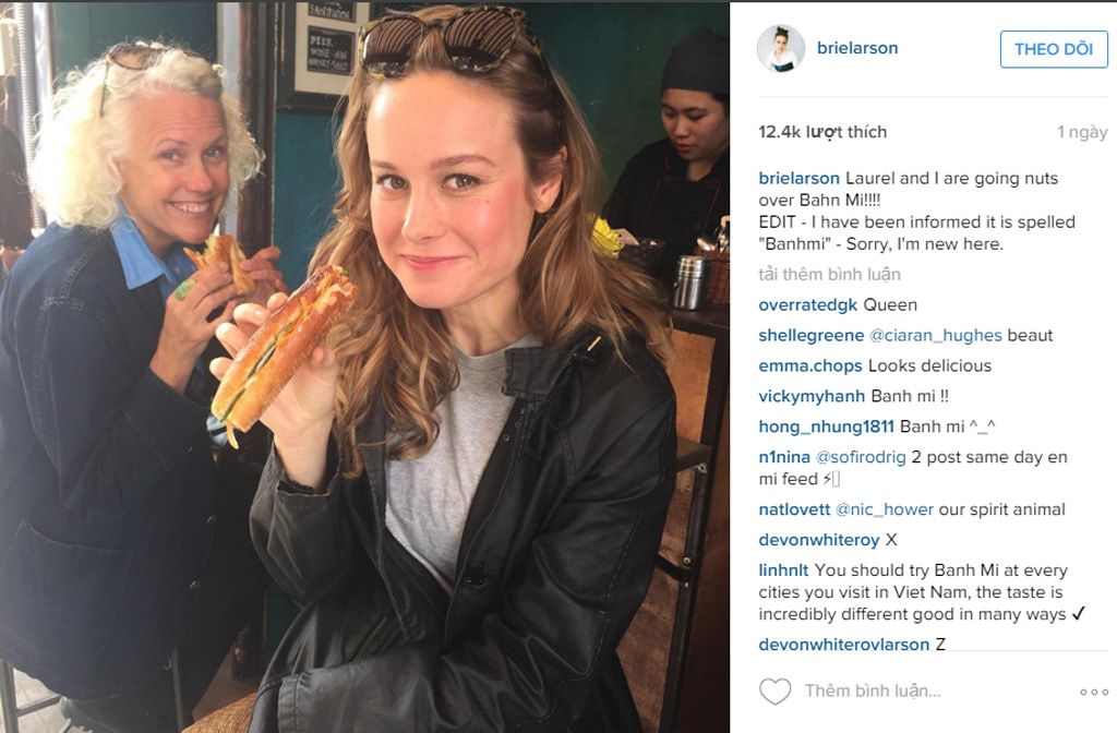 Brie Larson hào hứng khoe hình ảnh cô săn bánh mì tại Việt Nam - Ảnh: Chụp màn hình Instagram NV